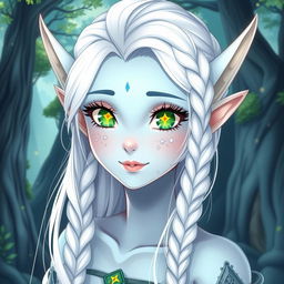 A stunning female elf character with light blue skin, vibrant green eyes featuring yellow motives and star-shaped pupils