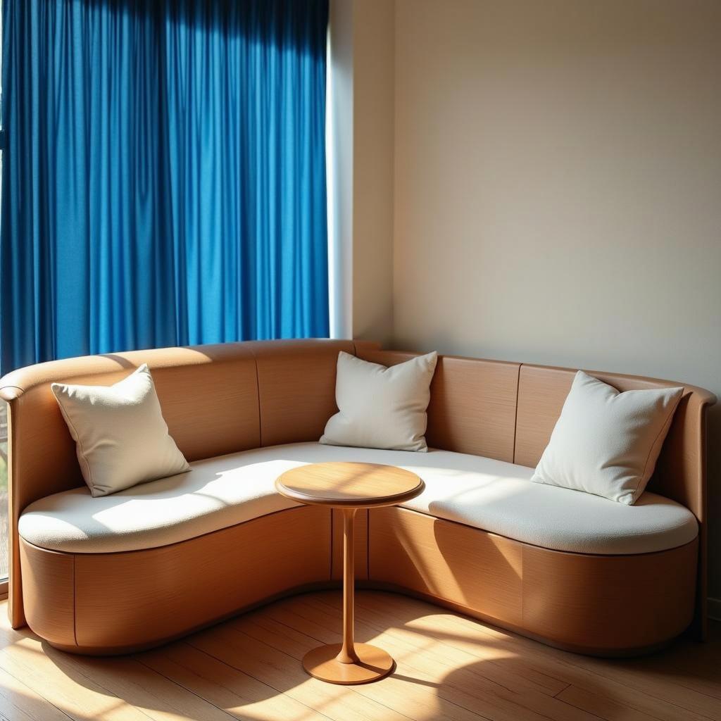 A cozy interior corner featuring a modern curved wooden sofa with plush white cushions