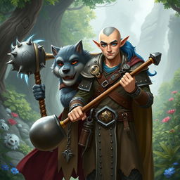 A strong and humorous half-elf adult man with a bald head and vibrant blue eyes, depicted as a fantasy paladin wielding a spiked ball and chain flail