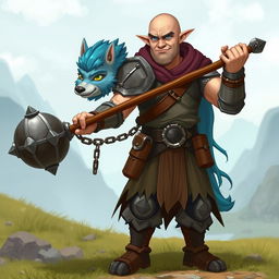 A strong and humorous half-elf adult man with a bald head and bright blue eyes, depicted as a fantasy paladin wielding a spiked ball and chain flail