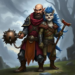 A strong and humorous half-elf adult man with a bald head and bright blue eyes, depicted as a fantasy paladin wielding a spiked ball and chain flail