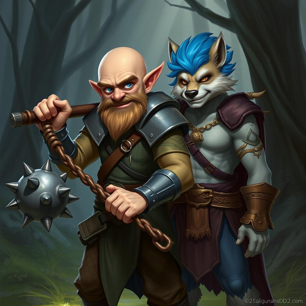 A strong and humorous half-elf adult man with a bald head and bright blue eyes, depicted as a fantasy paladin wielding a spiked ball and chain flail