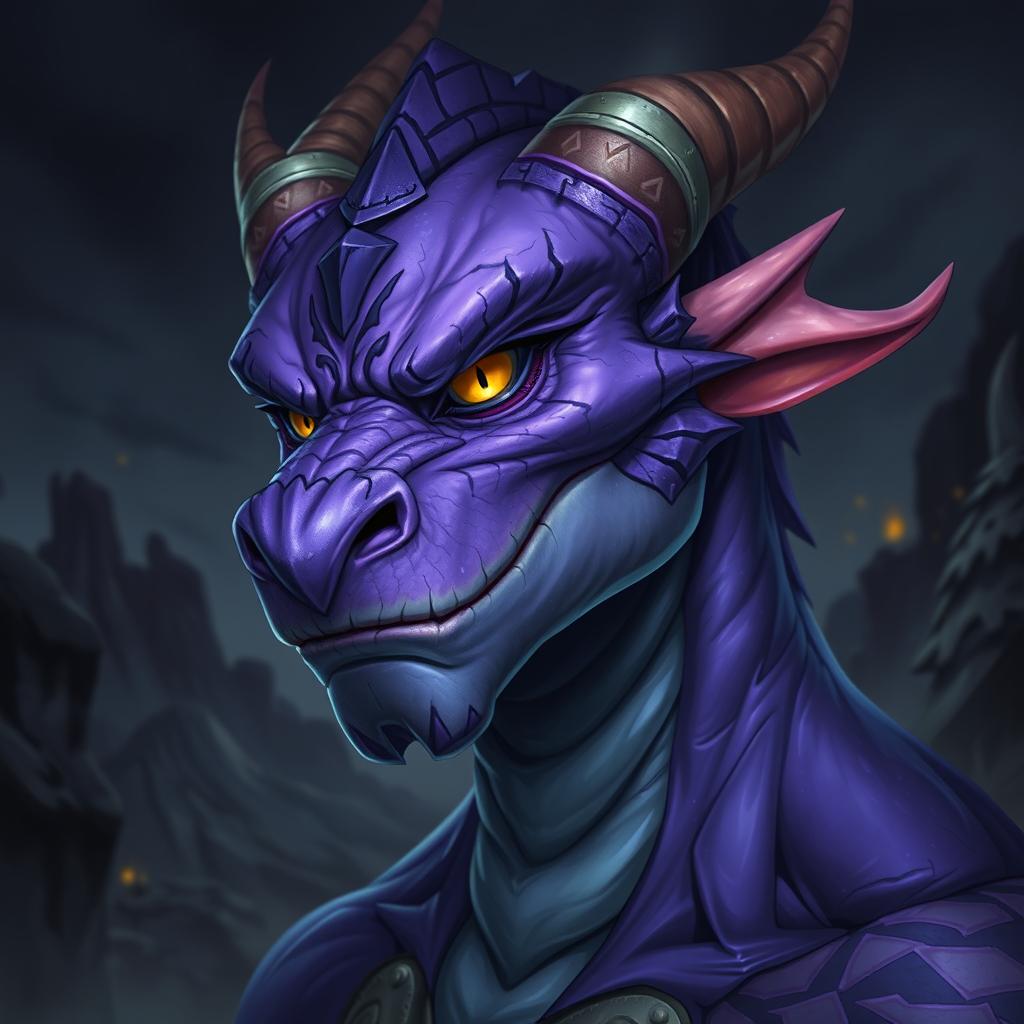 A striking male draconic character featuring vibrant purple skin that exudes a mystical aura