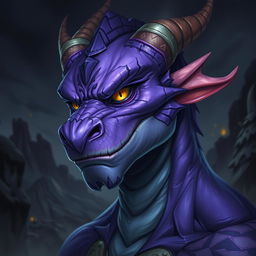 A striking male draconic character featuring vibrant purple skin that exudes a mystical aura
