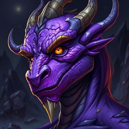 A striking male draconic character featuring vibrant purple skin that exudes a mystical aura