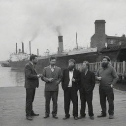 Group of bearded boys smoking near Cambridge's wharf, a large daunting ship moored in the background. A signboard creatively placed by the pier announces 'Welcome to Poliamba'.