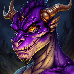 A striking male draconic character featuring vibrant purple skin that exudes a mystical aura