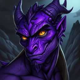 A striking male draconic character featuring vibrant purple skin that exudes a mystical aura