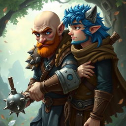 A strong and humorous half-elf adult man with a bald head and striking blue eyes, depicted as a fantasy paladin wielding a spiked ball and chain flail