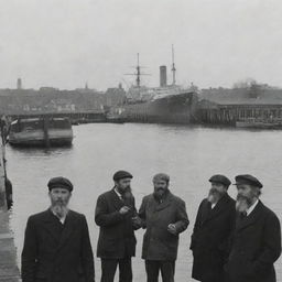 Group of bearded boys smoking near Cambridge's wharf, a large daunting ship moored in the background. A signboard creatively placed by the pier announces 'Welcome to Poliamba'.