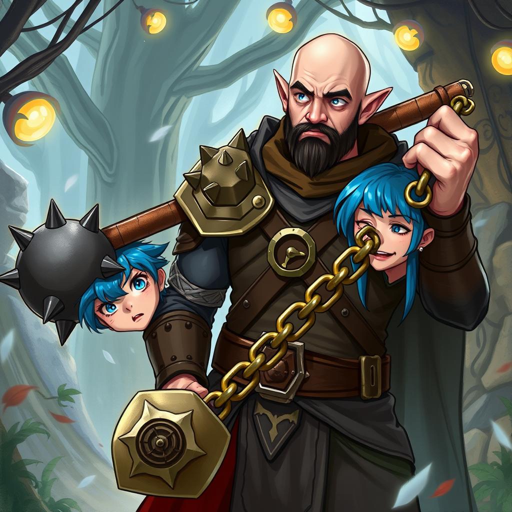 A strong and humorous half-elf adult man with a bald head and striking blue eyes, depicted as a fantasy paladin wielding a spiked ball and chain flail