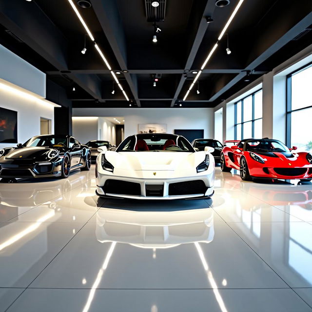 A sophisticated indoor car dealership featuring sleek black ceilings enhanced with modern ambient lighting that creates a luxurious atmosphere