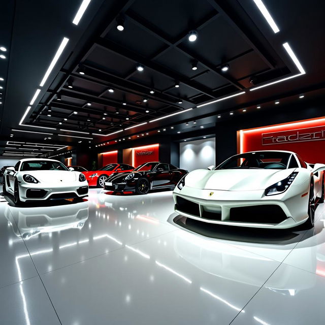 A panoramic indoor car dealership image in landscape orientation featuring a dramatic black ceiling enhanced with ambient lighting that creates a sophisticated atmosphere