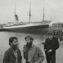 Group of bearded boys smoking near Cambridge's wharf, a large daunting ship moored in the background. A signboard creatively placed by the pier announces 'Welcome to Poliamba'.