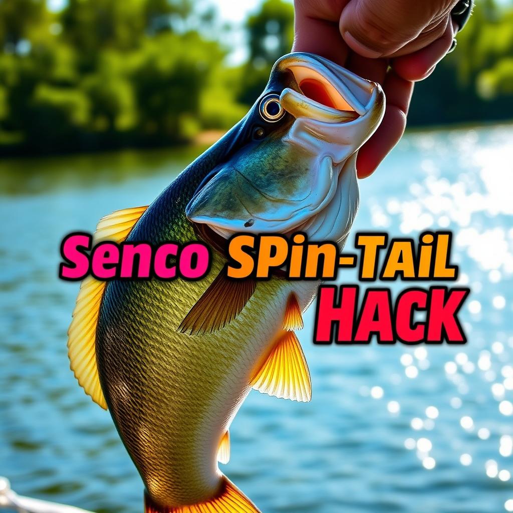 A captivating thumbnail in 1920x1080 resolution highlighting a close-up shot of a large bass being held proudly by a fisherman, with the Soft Bait Senko Worm clearly visible in the fish's mouth