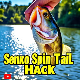 A captivating thumbnail in 1920x1080 resolution highlighting a close-up shot of a large bass being held proudly by a fisherman, with the Soft Bait Senko Worm clearly visible in the fish's mouth