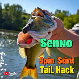 A captivating thumbnail in 1920x1080 resolution highlighting a close-up shot of a large bass being held proudly by a fisherman, with the Soft Bait Senko Worm clearly visible in the fish's mouth