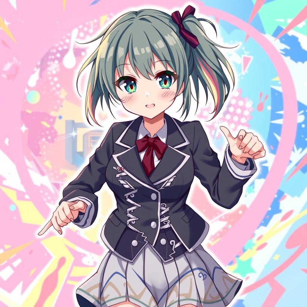 An anime character styled as a waifu, wearing a school uniform that is creatively torn around the chest and waist area, giving a playful and daring look