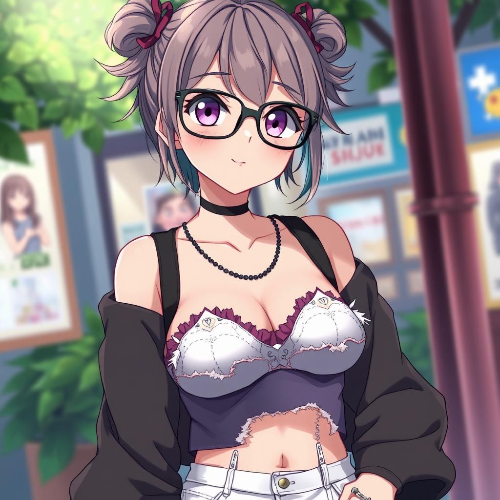 An anime character styled as a waifu, depicted as 16 years old, wearing oversized glasses and a creatively torn outfit that reveals part of her bra around the chest and waist area, creating a bold and playful aesthetic