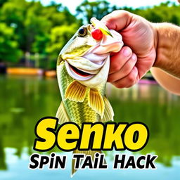 An eye-catching thumbnail in 1920x1080 resolution showcasing a close-up shot of a large bass being held by an enthusiastic fisherman, with the Senko Worm clearly visible in the fish's mouth