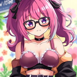 An anime character styled as a waifu, depicted as 16 years old, wearing oversized glasses and a creatively torn outfit that reveals part of her bra around the chest and waist area, creating a bold and playful aesthetic