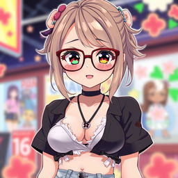 An anime character styled as a waifu, depicted as 16 years old, wearing oversized glasses and a creatively torn outfit that reveals part of her bra around the chest and waist area, creating a bold and playful aesthetic