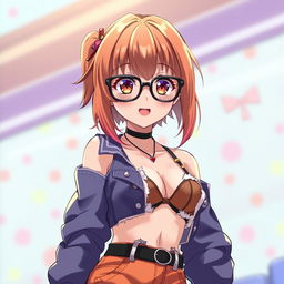 An anime character styled as a waifu, depicted as 16 years old, wearing oversized glasses and a creatively torn outfit that reveals part of her bra around the chest and waist area, creating a bold and playful aesthetic