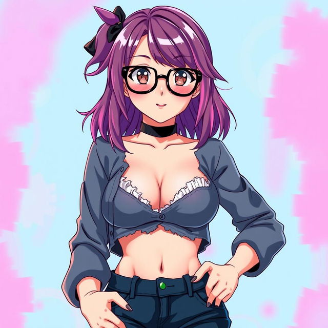 An anime character styled as a waifu, depicted as 16 years old with an appealing and confident look, featuring oversized glasses and noticeable curves