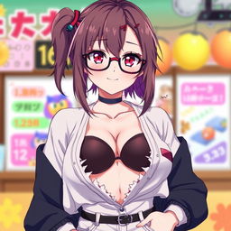 An anime character styled as a waifu, depicted as 16 years old with an appealing and confident look, featuring oversized glasses and noticeable curves