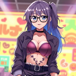 An anime character styled as a waifu, depicted as 16 years old with an appealing and confident look, featuring oversized glasses and noticeable curves