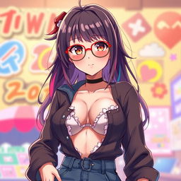 An anime character styled as a waifu, depicted as 16 years old with an appealing and confident look, featuring oversized glasses and noticeable curves