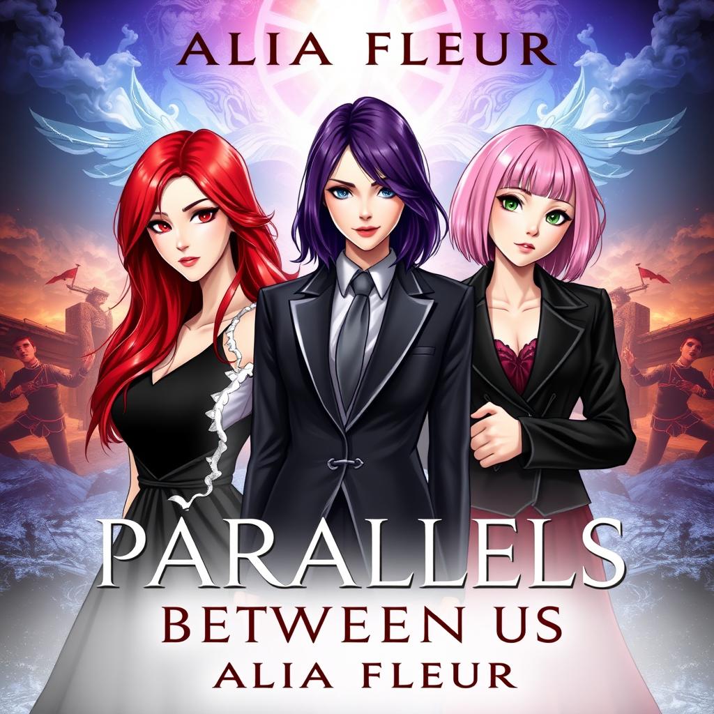 Cover for the fantasy book "Parallels Between Us" by "Alia Fleur" featuring three main heroines