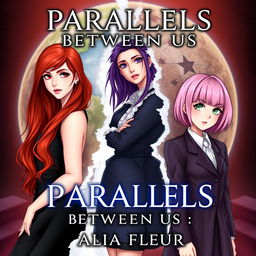 Cover for the fantasy book "Parallels Between Us" by "Alia Fleur" featuring three main heroines