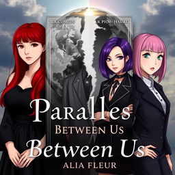 Cover for the fantasy book "Parallels Between Us" by "Alia Fleur" featuring three main heroines