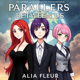 Cover for the fantasy book "Parallels Between Us" by "Alia Fleur" featuring three main heroines