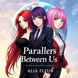 Cover for the fantasy book "Parallels Between Us" by "Alia Fleur" featuring three main heroines