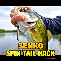 A striking thumbnail in 1920x1080 resolution, featuring a close-up shot of a large bass being proudly held by a fisherman, with the Bait Worm clearly visible in the fish's mouth