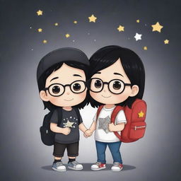 Adorable chibi-style illustration of a couple with black hair. The boy sports a cap, eyeglasses, and a backpack, while the girl carries a black sling bag adorned with stars