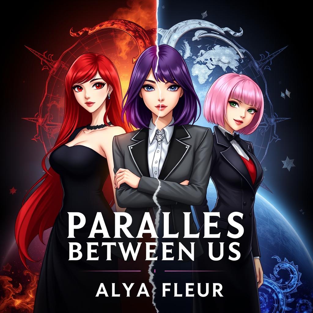 A fantasy book cover for 'Parallels Between Us' by 'Alya Fleur', featuring three main heroines