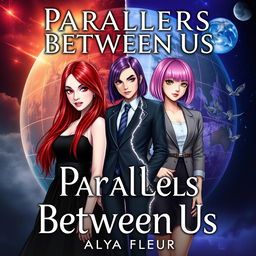 A fantasy book cover for 'Parallels Between Us' by 'Alya Fleur', featuring three main heroines