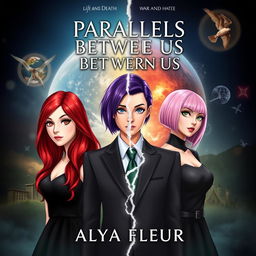 A fantasy book cover for 'Parallels Between Us' by 'Alya Fleur', featuring three main heroines