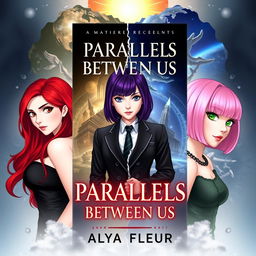 A fantasy book cover for 'Parallels Between Us' by 'Alya Fleur', featuring three main heroines