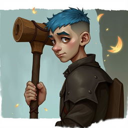 A 25-year-old human druid characterized by a weak yet humorous demeanor, featuring a buzz cut with short blue hair and brown eyes