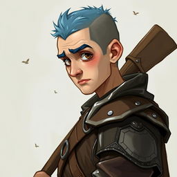 A 25-year-old human druid characterized by a weak yet humorous demeanor, featuring a buzz cut with short blue hair and brown eyes