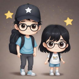 Adorable chibi-style illustration of a couple with black hair. The boy sports a cap, eyeglasses, and a backpack, while the girl carries a black sling bag adorned with stars