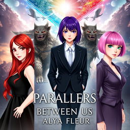 A fantasy book cover for 'Parallels Between Us' by 'Alya Fleur', visually pleasing, featuring three main heroines