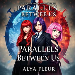 A fantasy book cover for 'Parallels Between Us' by 'Alya Fleur', visually pleasing, featuring three main heroines