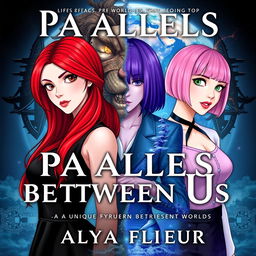 A fantasy book cover for 'Parallels Between Us' by 'Alya Fleur', visually pleasing, featuring three main heroines