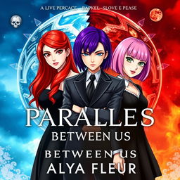 A fantasy book cover for 'Parallels Between Us' by 'Alya Fleur', visually pleasing, featuring three main heroines