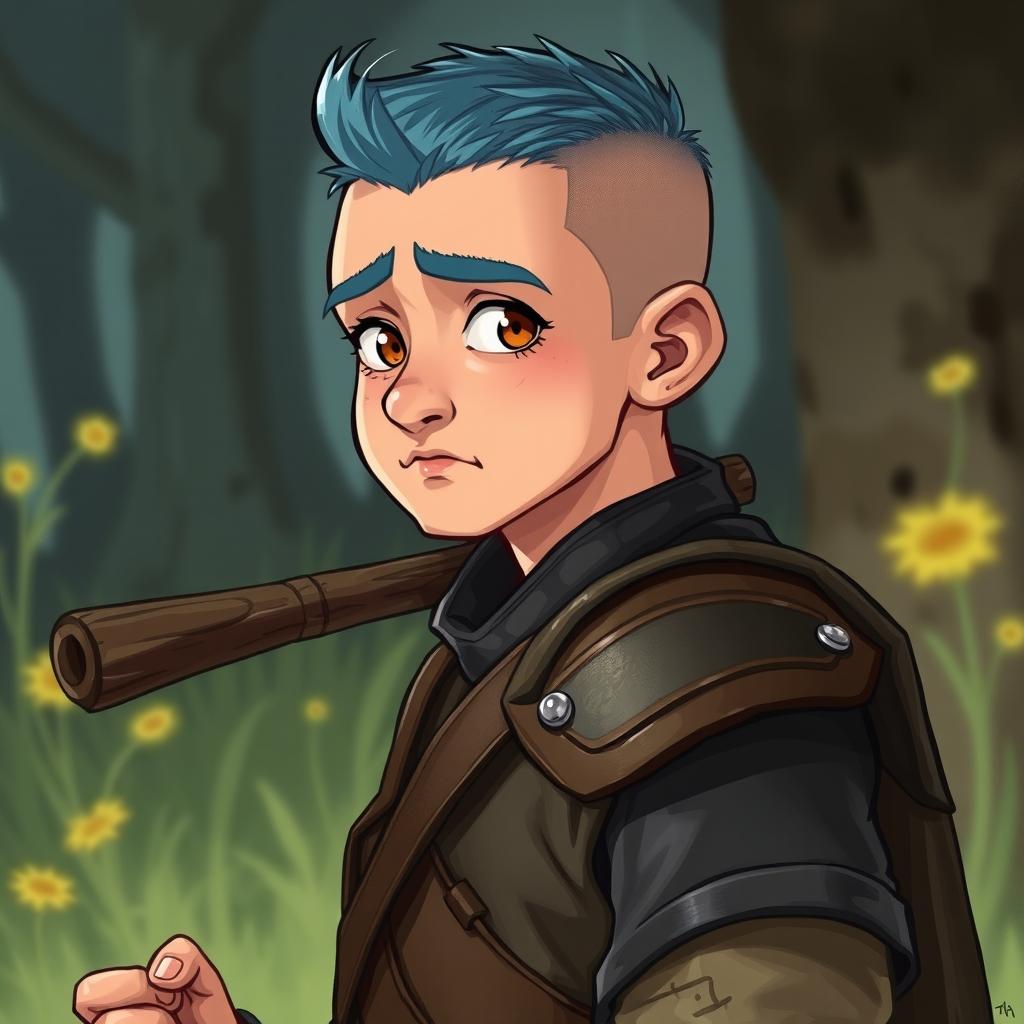 A 25-year-old human druid characterized by a weak yet humorous demeanor, featuring a buzz cut with short blue hair and warm brown eyes